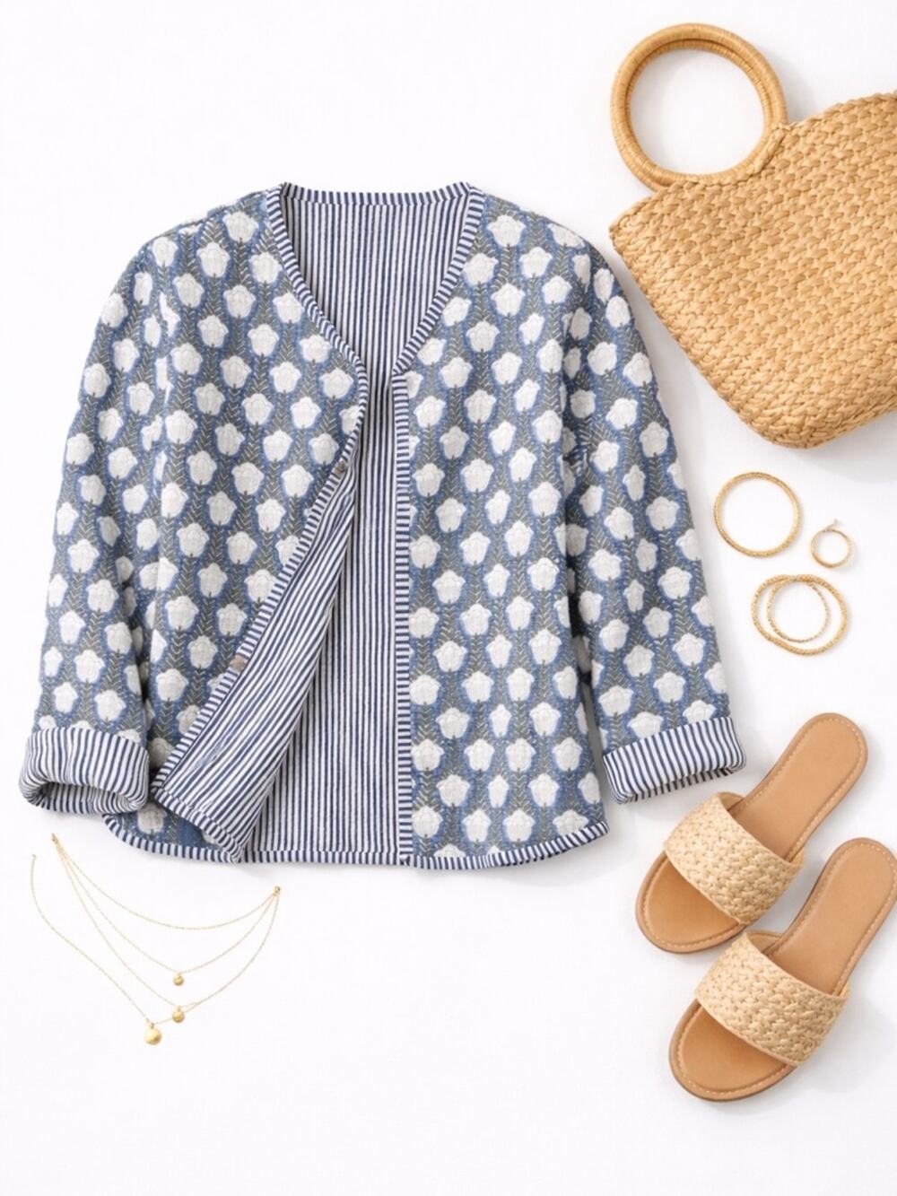 Blue & White Quilted Crop Jacket